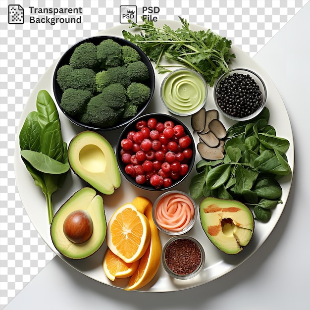 PSD fotografías únicas y realistas de nutricionistas comidas saludables con frutas y verduras frescas, incluido el brócoli, el aguacate y una variedad de cuencos en negro, blanco y verde