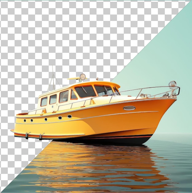 PSD fotográfico realista capitán de yate _ s yate un barco amarillo con ventanas de vidrio y una barandilla metálica se sienta tranquilamente en el agua azul clara que refleja el cielo azul claro por encima