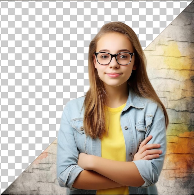 PSD fotográfico realista consejero juvenil _ s carteles motivacionales una chica con cabello largo marrón con una camisa amarilla y gafas negras se para frente a una pared de ladrillo sosteniendo una mano hacia arriba