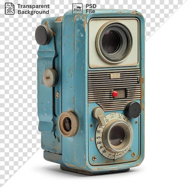 PSD fotográfico realista lingüistas grabador de voz con un cuerpo azul con una ventilación plateada y gris se muestra en un fondo aislado el grabador está acompañado por una cámara azul con el texto