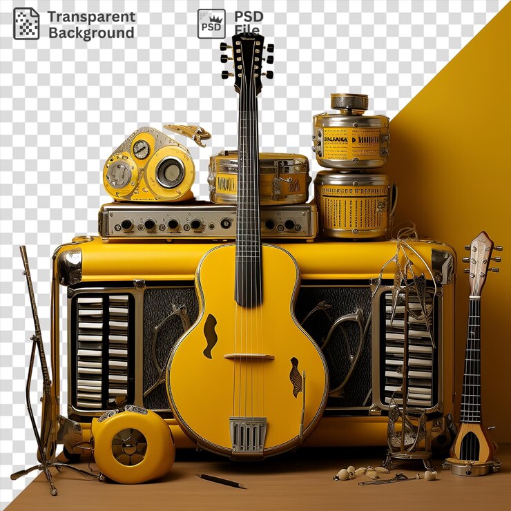 PSD fotográficos realistas etnomusicólogos instrumentos tradicionais exibidos contra uma parede amarela com uma guitarra marrom um relógio redondo e uma guitarra marrons