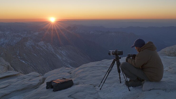 PSD el fotógrafo captura el amanecer sobre la majestuosa cordillera desde un pico rocoso