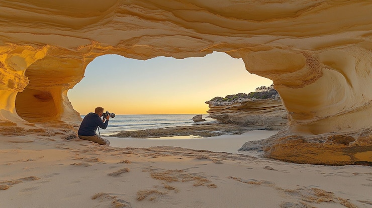 PSD fotógrafo captura o nascer do sol através do arco de uma caverna de arenito na praia