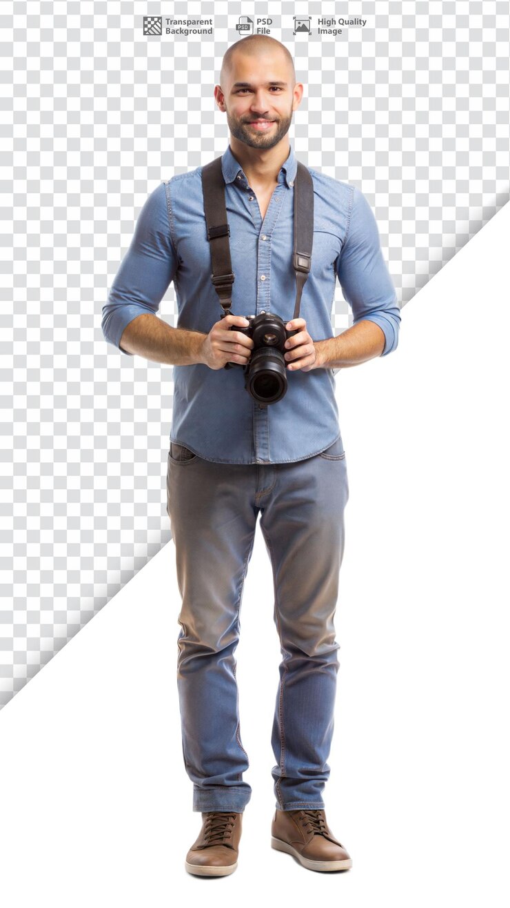 Fotógrafo feliz segurando a câmera em roupa de denim
