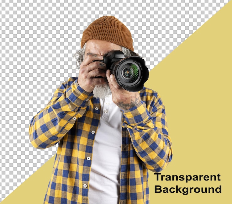 PSD fotografo maschio con fotocamera professionale su sfondo bianco o trasparente