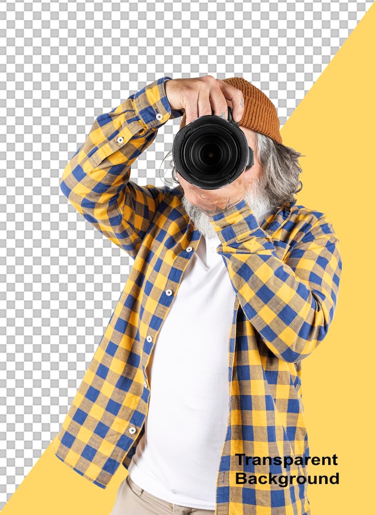PSD fotografo maschio con fotocamera professionale su sfondo bianco o trasparente
