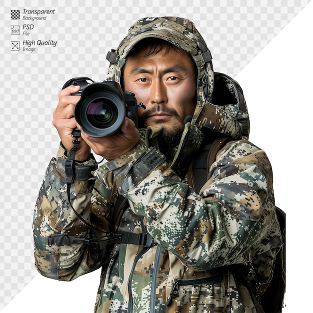 Fotógrafo militar capturando momentos en un fondo transparente