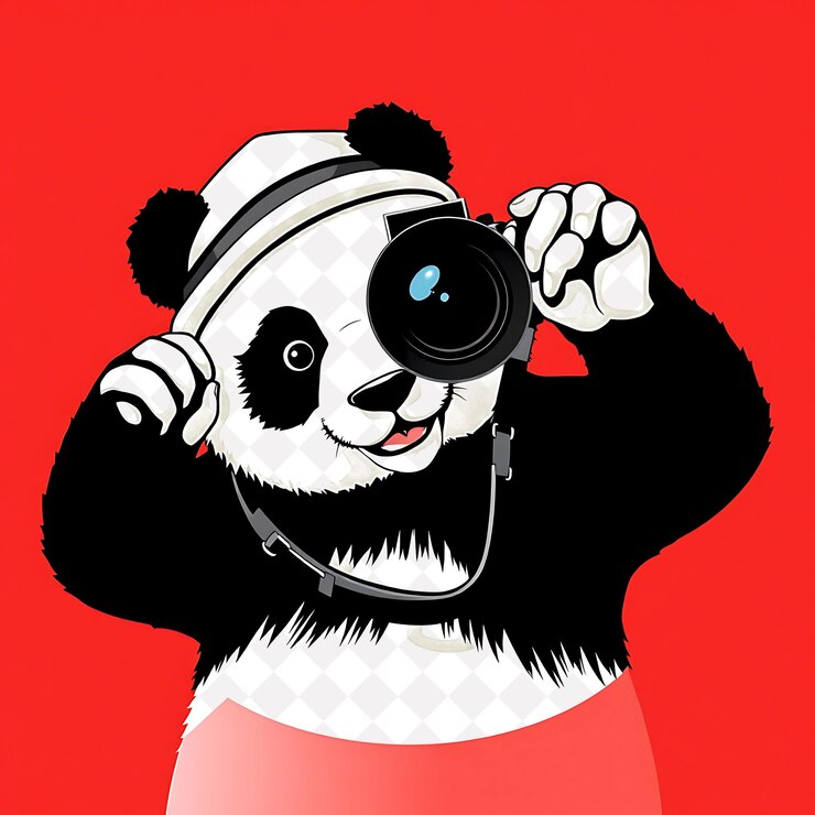 PSD fotógrafo panda tomando fotos con acción tomando poses con una cámara y un sombrero 2d vivo negro