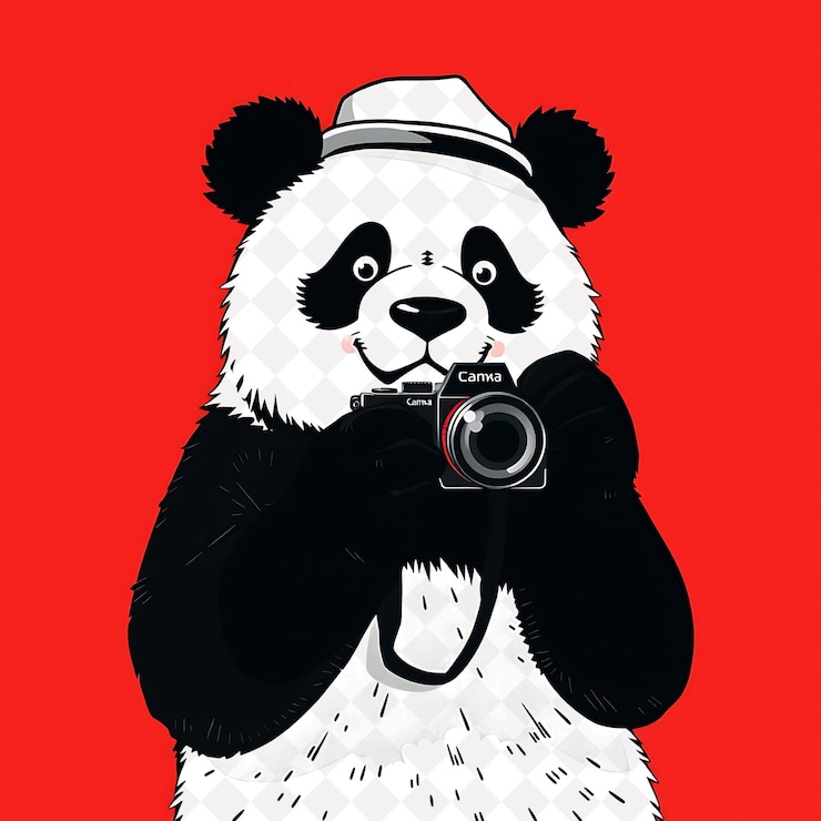 PSD fotógrafo panda tomando fotos con acción tomando poses con una cámara y un sombrero 2d vivo negro