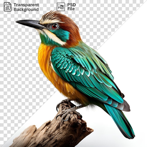 PSD fotógrafos de vida selvagem realistas tiros de vida silvestre com um pássaro verde com um bico preto olho vermelho e asas verdes e azuis empoleirado em um ramo com uma cauda azul e verde