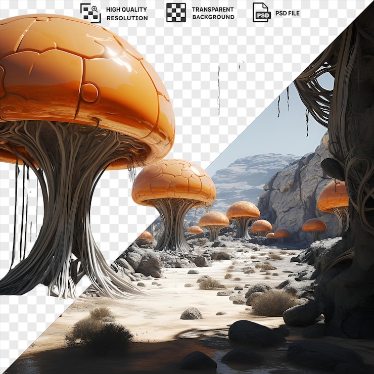PSD fotógrafos realistas xenofotógrafos paisagem alienígena com um céu azul claro uma grande rocha cinzenta e um guarda-chuva laranja
