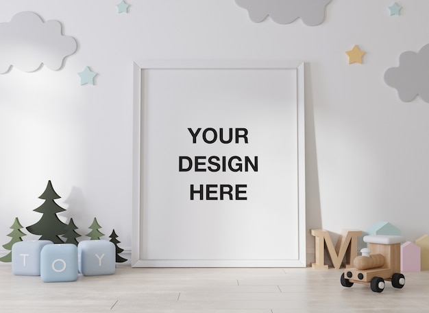 Fotogramma poster mockup nel rendering camera bambini