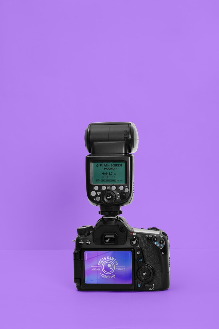 PSD fotokamera mit lila hintergrundmodell