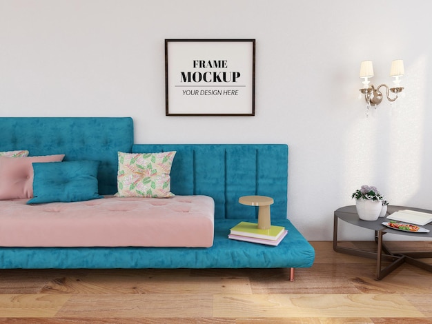 PSD fotorahmen mockup realistisch im modernen wohnzimmer