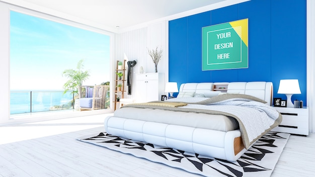 PSD fotorahmenmodell im weißen modernen zeitgenössischen schlafzimmerinnenraum mit meerblick-terrasse
