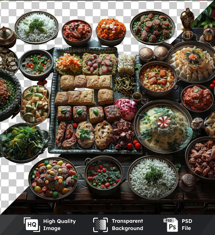 PSD fotos de psd transparentes festas de eid al fitr com uma variedade de pratos, incluindo uma tigela redonda uma tigela castanha e uma tigela preta dispostas de forma festiva