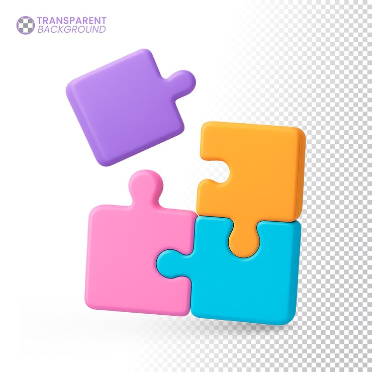 Four colorful 3D puzzle pieces illustrating teamwork and solutions