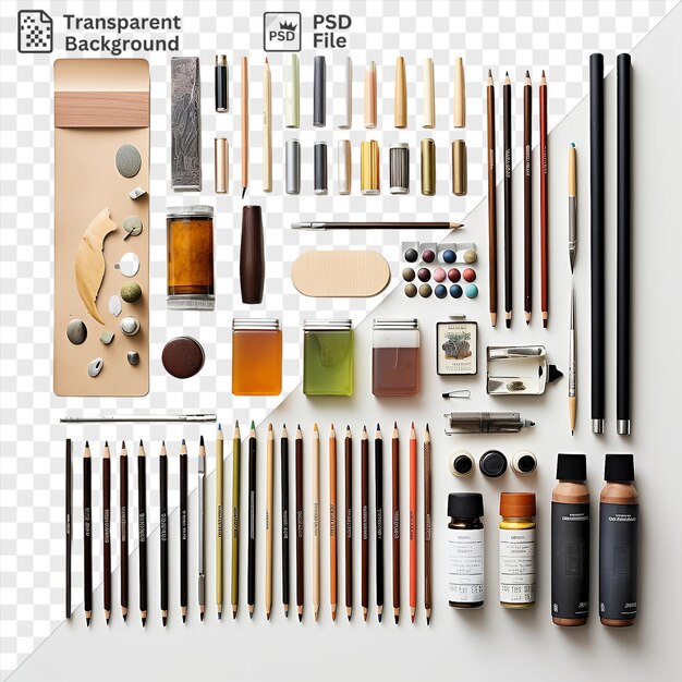 PSD fournitures d'art moderne isolées sur un fond transparent comprenant un stylo noir bouteille noire et brune bouteille brune et bouteille marron et orange