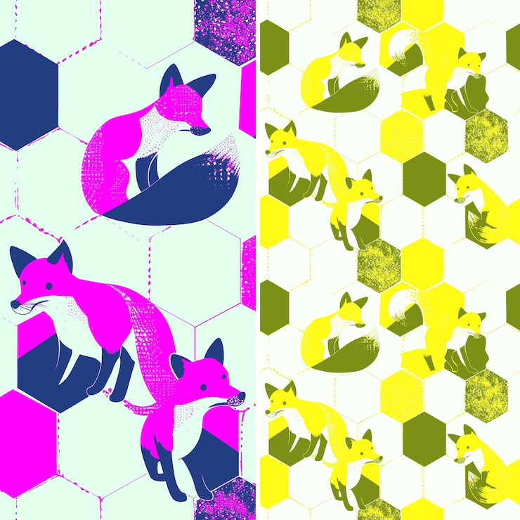 PSD foxes de invierno caprichosos con siluetas de cola y diseños de patrones vectoriales ilustrativos
