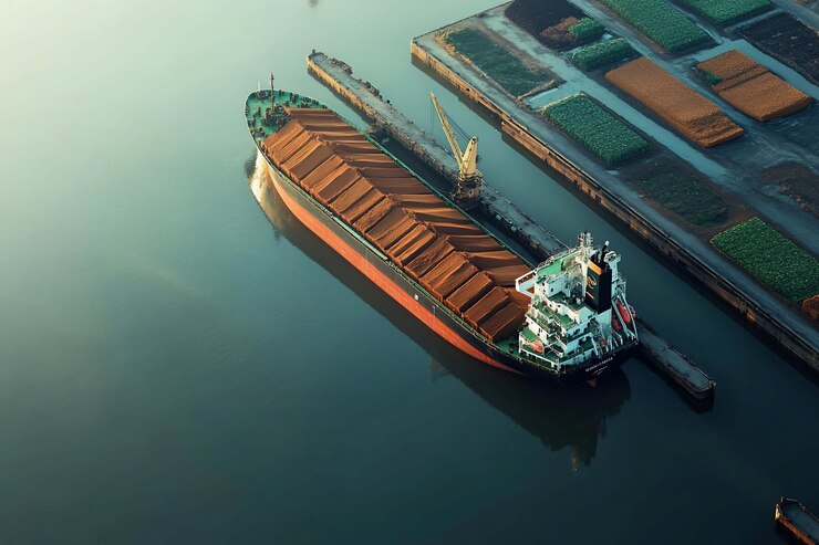 PSD frachtschiff, das im hafen angedockt ist, luftansicht eines schüttguttransporters in einem hafen