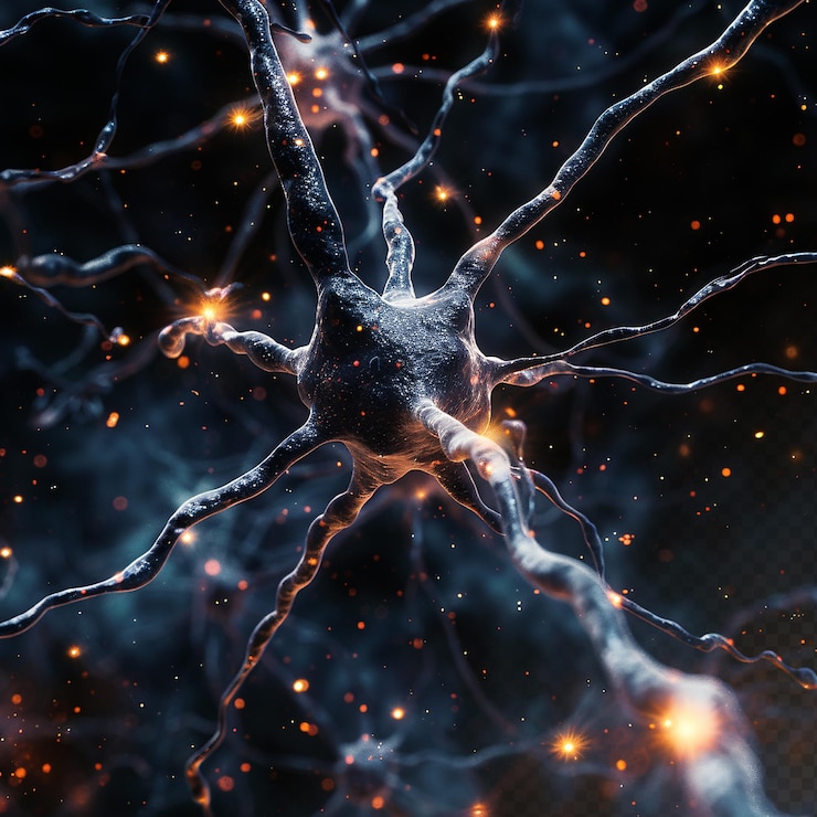 PSD fractales neuronales microscópicos con partículas de luz azul, microbiología médica, fondo negro