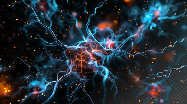 Fractales neuronales microscópicos con partículas de luz azul, microbiología médica, fondo negro