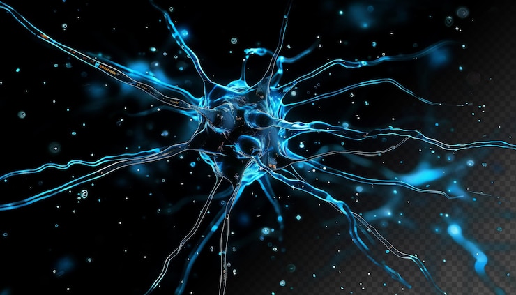 PSD fractales neuronales microscópicos con partículas de luz azul, microbiología médica, fondo negro