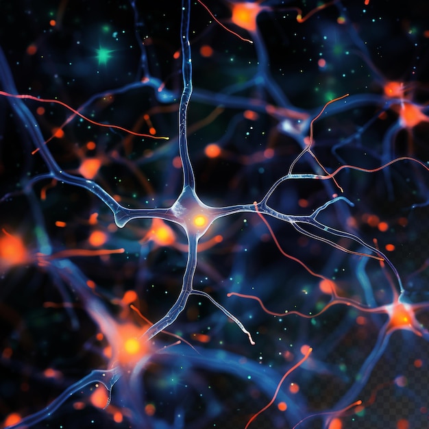 Fractales neuronales microscopiques avec des particules de lumière bleue microbiologie médicale fond noir