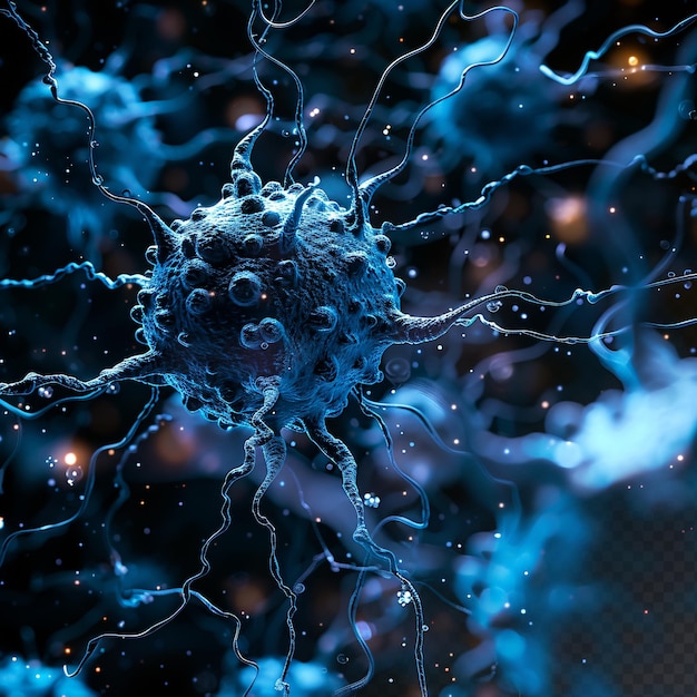 Fractales neuronales microscopiques avec des particules de lumière bleue microbiologie médicale fond noir