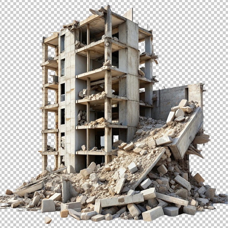 PSD fragmentos de hormigón de un edificio destruido sobre un fondo transparente