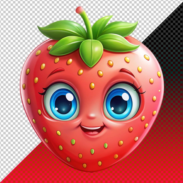 PSD fragola con foglie verdi e occhi blu su uno sfondo trasparente