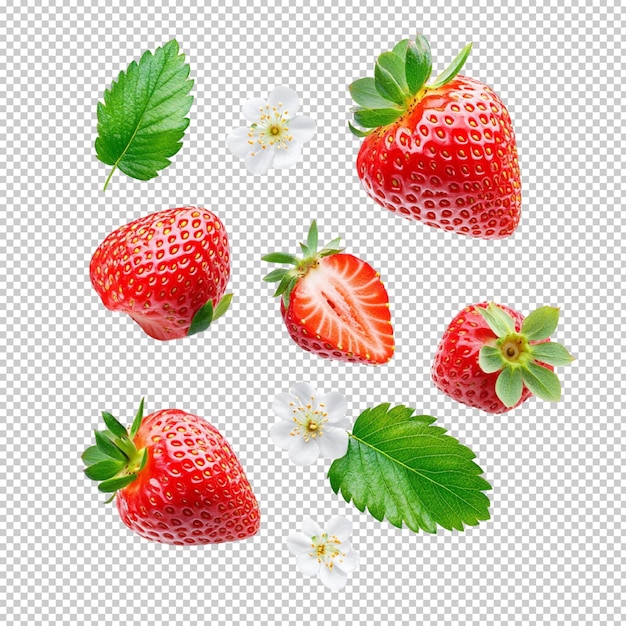 Fragole fresche che cadono isolate su uno sfondo trasparente