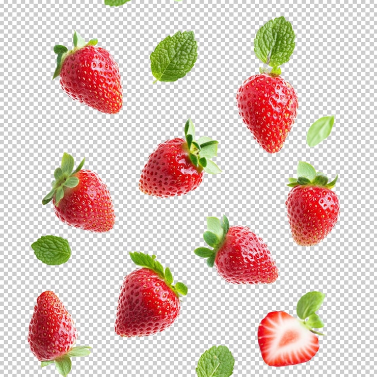 PSD fragole fresche che cadono isolate su uno sfondo trasparente