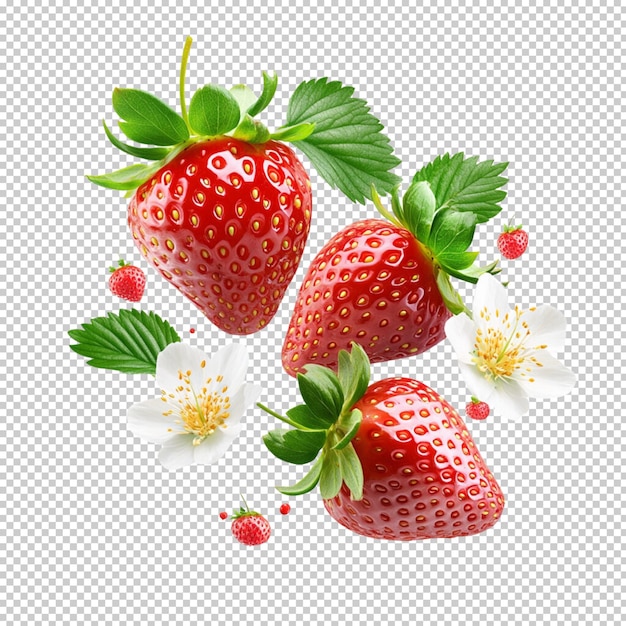 Fragole fresche che cadono isolate su uno sfondo trasparente