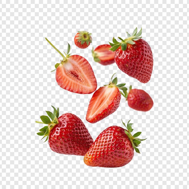 PSD fragole fresche che levitano in aria mostrando un colore rosso vibrante e una consistenza naturale