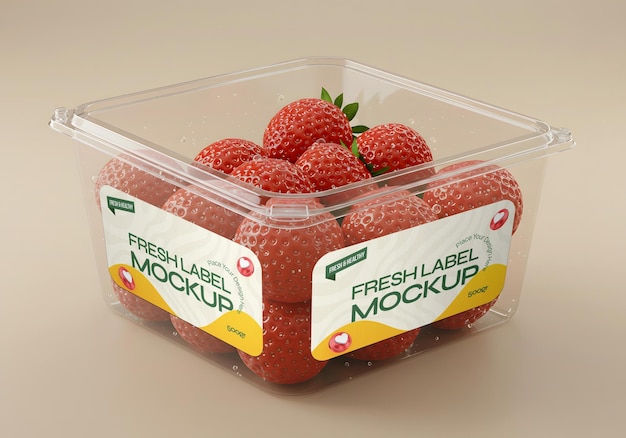 Fragole in contenitore di plastica trasparente con modello di etichetta