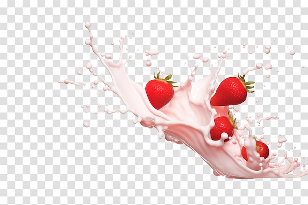 Fragole spruzzate in un cucchiaio pieno di latte