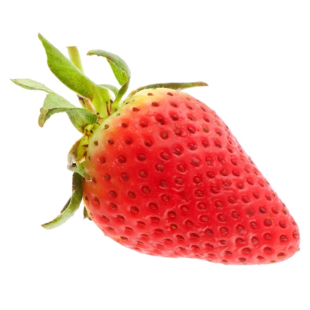 une fraise avec des feuilles vertes et un point rouge sur le fond
