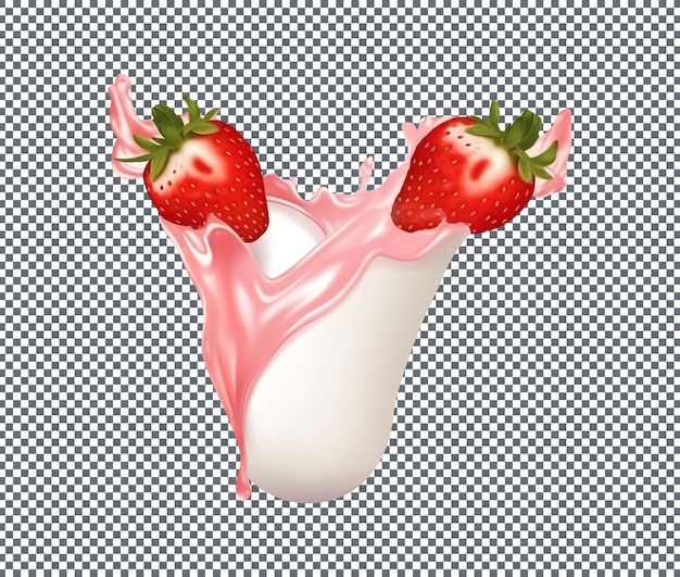 PSD fraise fraîche avec éclaboussure de lait isolée sur fond transparent