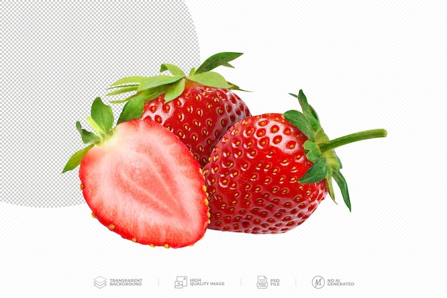 PSD des fraises fraîches entières et coupées sur un fond transparent