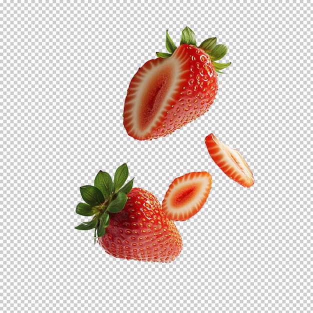 Fraises fraîches tombant isolées sur un fond transparent