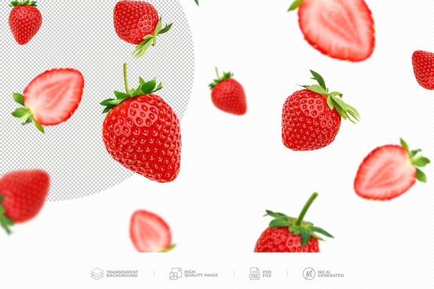 PSD des fraises lévitant sur un fond transparent