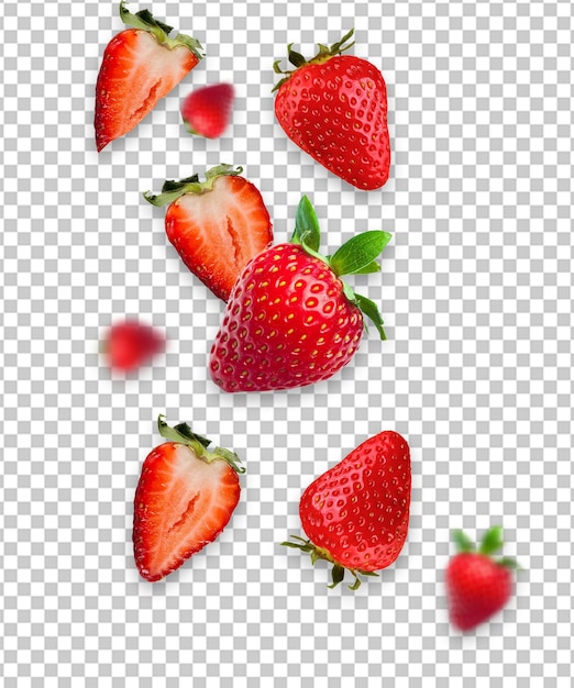 Des fraises en lévitation volant sur un fond transparent