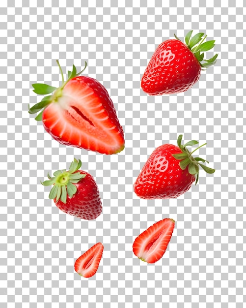 Fraises tombant des fraises entières et coupées isolées sur fond blanc ou transparent p