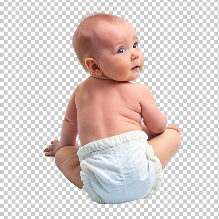 PSD fraldas de bebé com criança pequena em fundo transparente