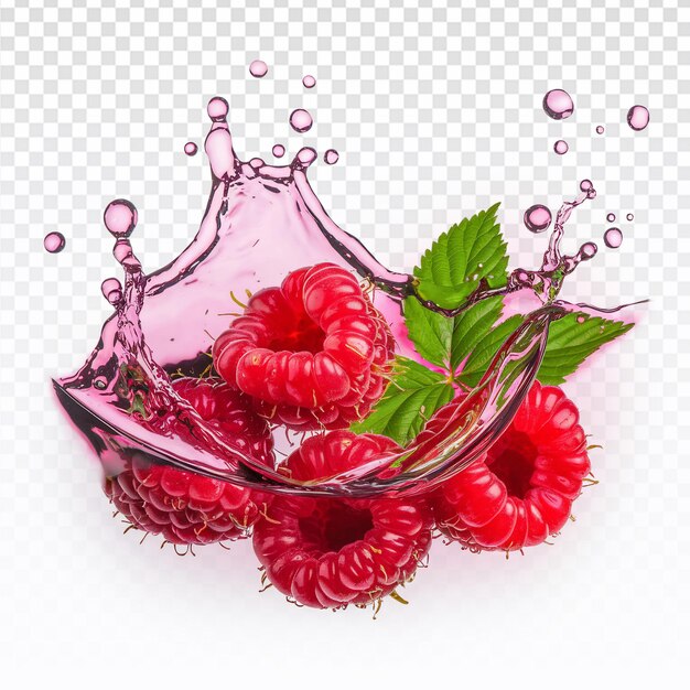 Frambuesas frescas salpicando en agua clara con hojas