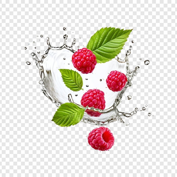 PSD las frambuesas jugosas salpicando en refrescantes gotas de agua