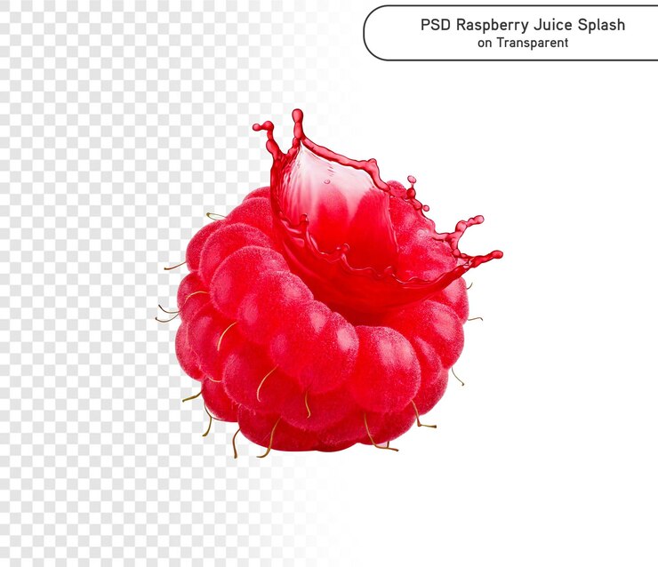 PSD frambuesas maduras con hojas en salpicaduras de jugo rojo aisladas sobre un fondo transparente png