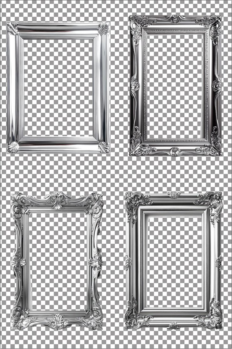 Frame d'immagine argento Display di foto elegante e elegante Iperrealistico Piana bianca isolata Transpare