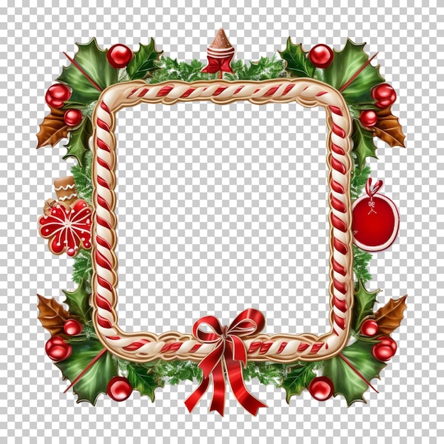 PSD frame de árvore de natal, homem de neve, chapéu de papai noel, presentes, biscoitos, ornamentos isolados em fundo transparente